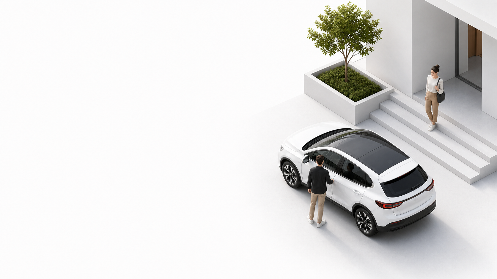 White car and two adults in front of a modern white building