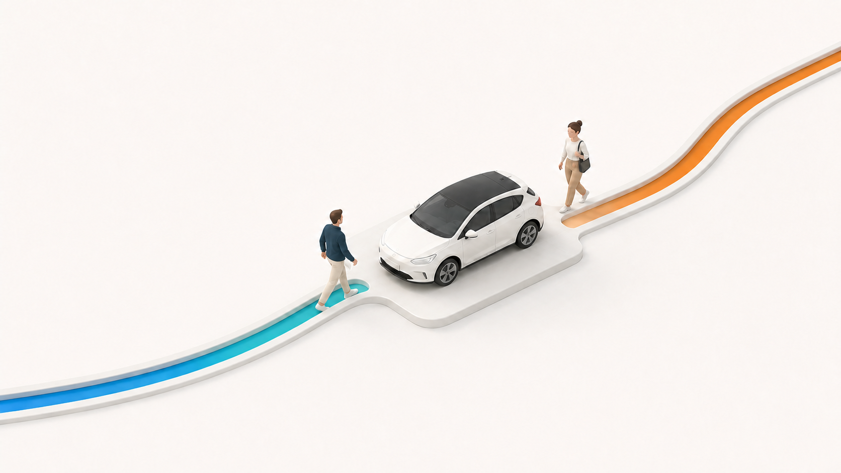 Three-step white platform where two roles come together around the same car