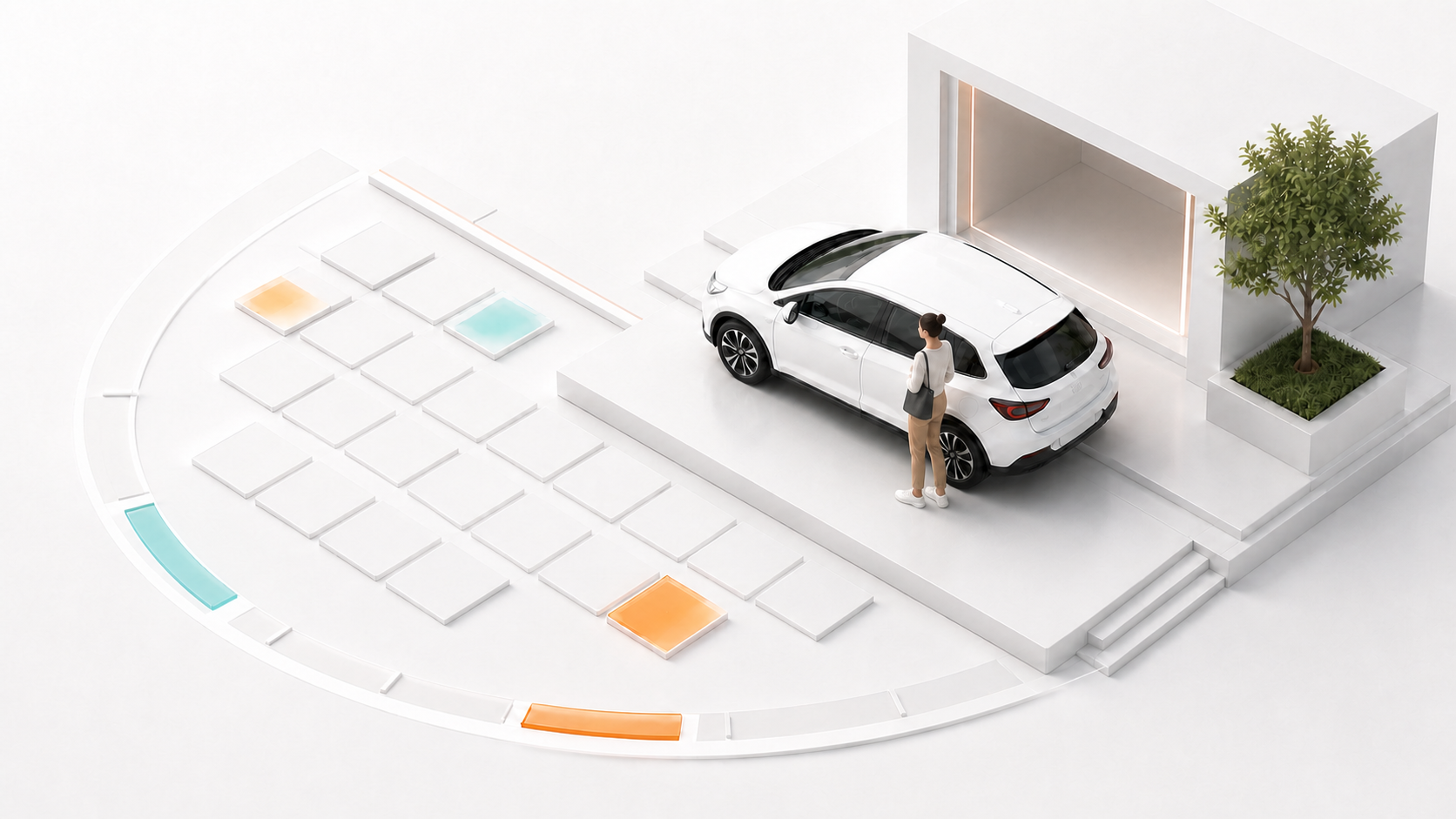 Vehicle owner standing beside their car on a white architectural platform